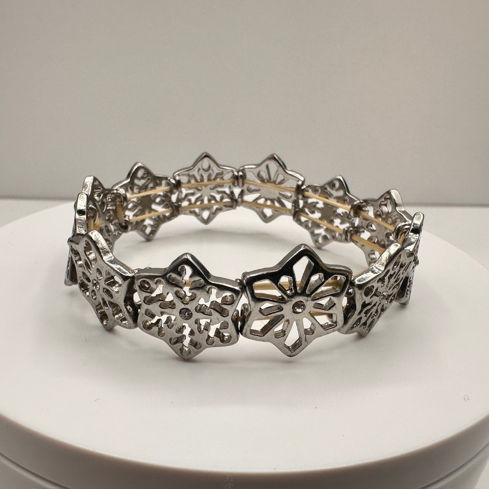Vintage Y2K Silver Tone Filigree Stretch Link Bracelet Clear Rhinestone Jewelry